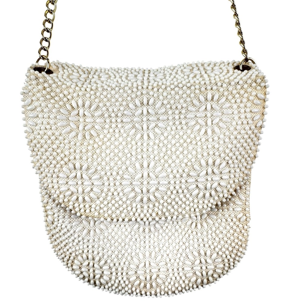 VTG Beaded Purse Ivory Gold Shoulder Chain Evening Retro Elegant Formal 50s 60s - Picture 5 of 16